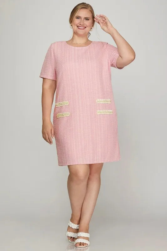 She + Sky Full Size Short Sleeve Pearl Studded Trim Knit Tweed Dress Plus Size