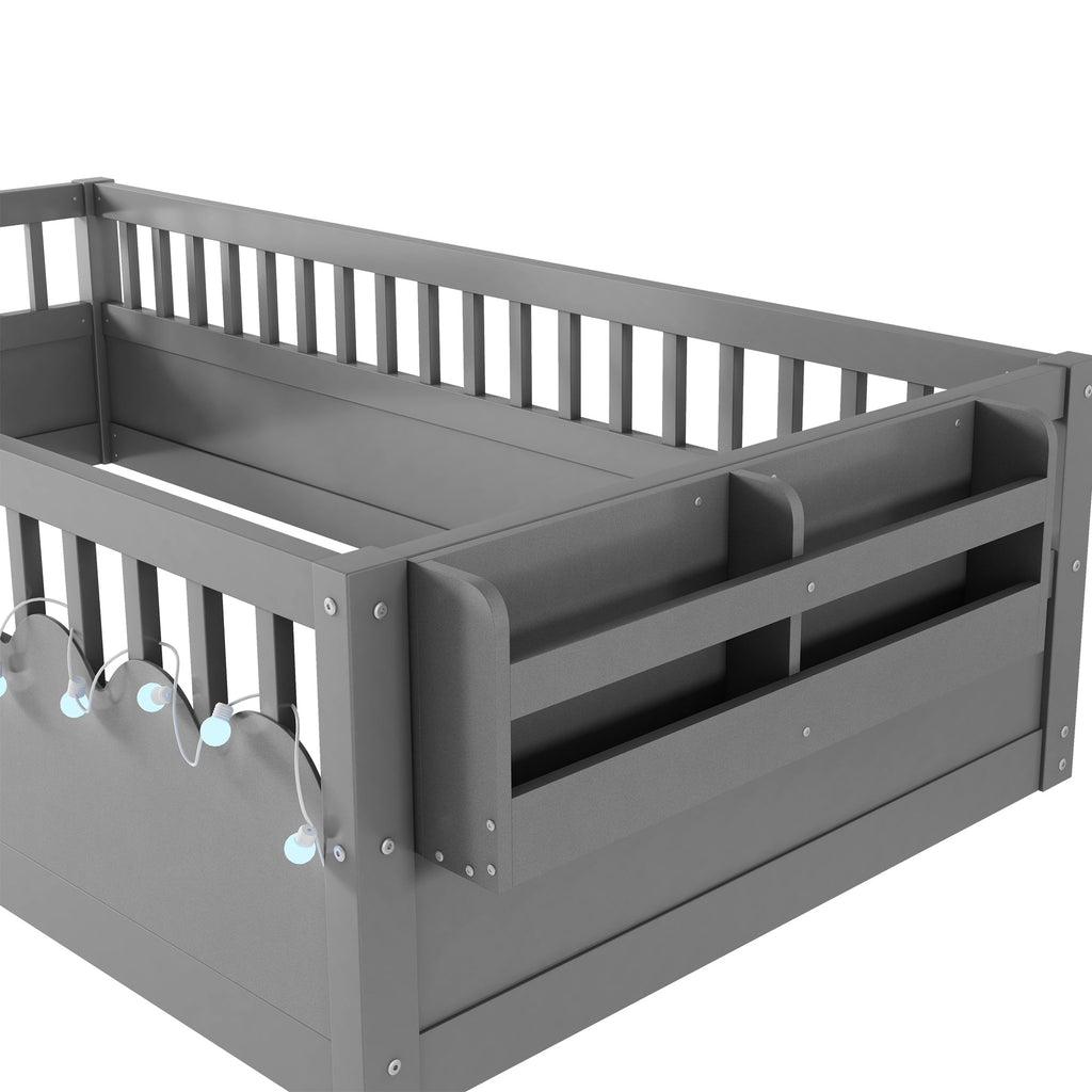 Twin Montessori Floor Bed Frame with High Rails, Wood Kids Floor Beds with Light and Storage Shelf, Gray (Expect Arrival Date 2025/8/15)