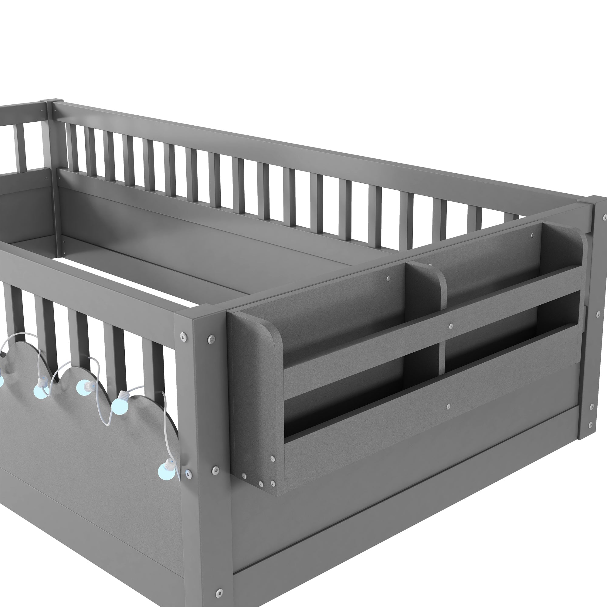 Twin Montessori Floor Bed Frame with High Rails, Wood Kids Floor Beds with Light and Storage Shelf, Gray (Expect Arrival Date 2025/8/15)