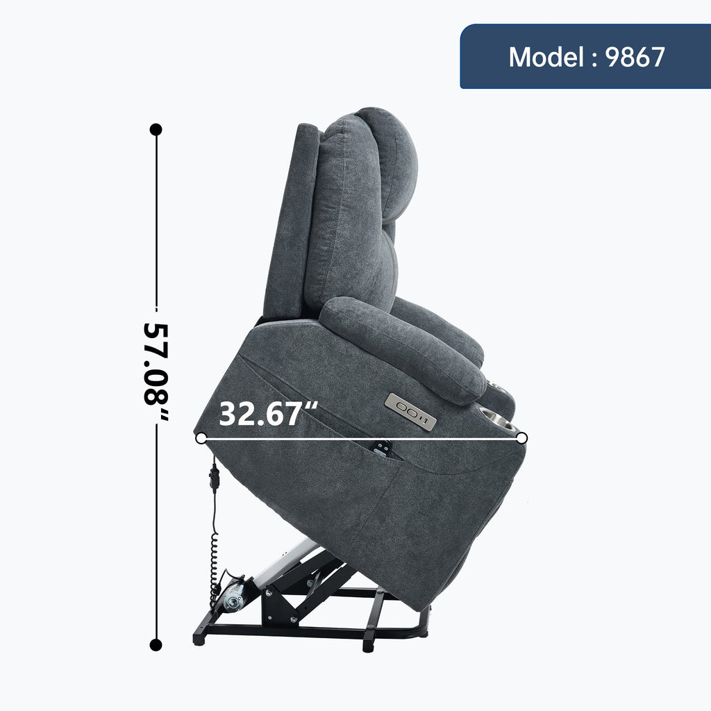 Up to 350 LBS polyester Power Lift Recliner Chair, Heavy Duty Motion Mechanism with 8-Point Vibration Massage and Lumbar Heating, USB and Type-C Ports, Stainless Steel Cup Holders, Grey