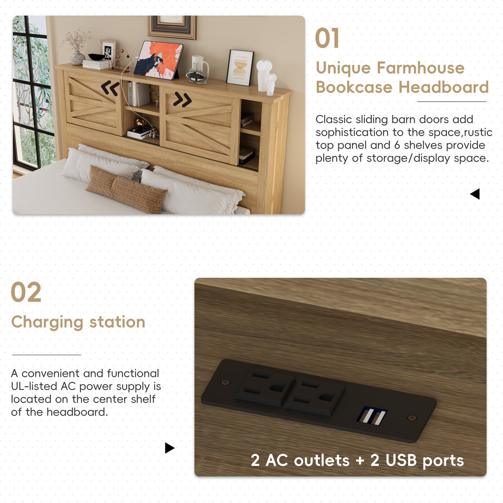 3-Pieces Bedroom Sets Queen Size Farmhouse Platform Bed with Double Sliding Door Storage Headboard and Charging Station, Storage Nightstand and Dresser, Natural