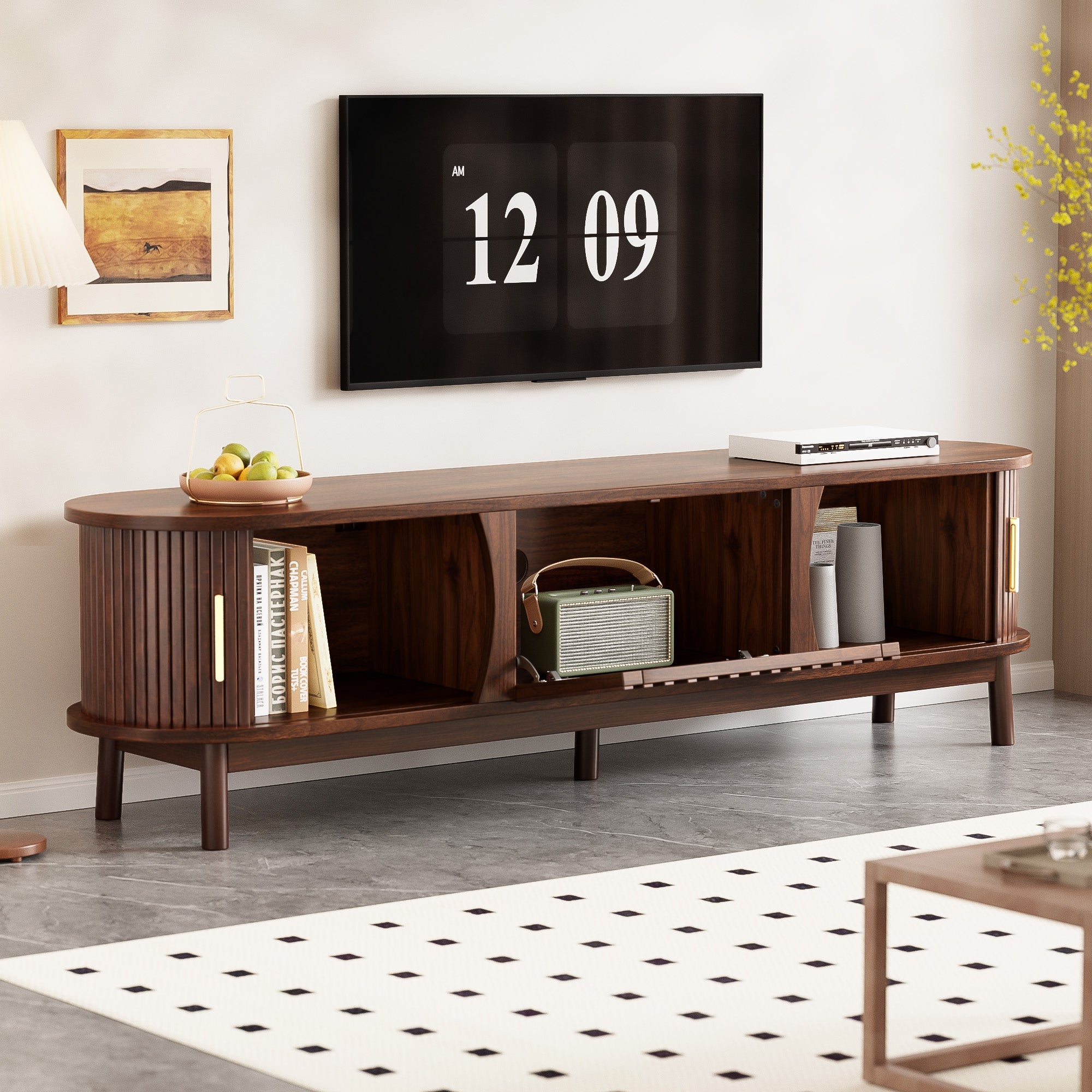 Modern Farmhouse TV Stand for 75' TVs, Wood Entertainment Center with Storage Cabinet, TV Console Table for Living Room, Bedroom