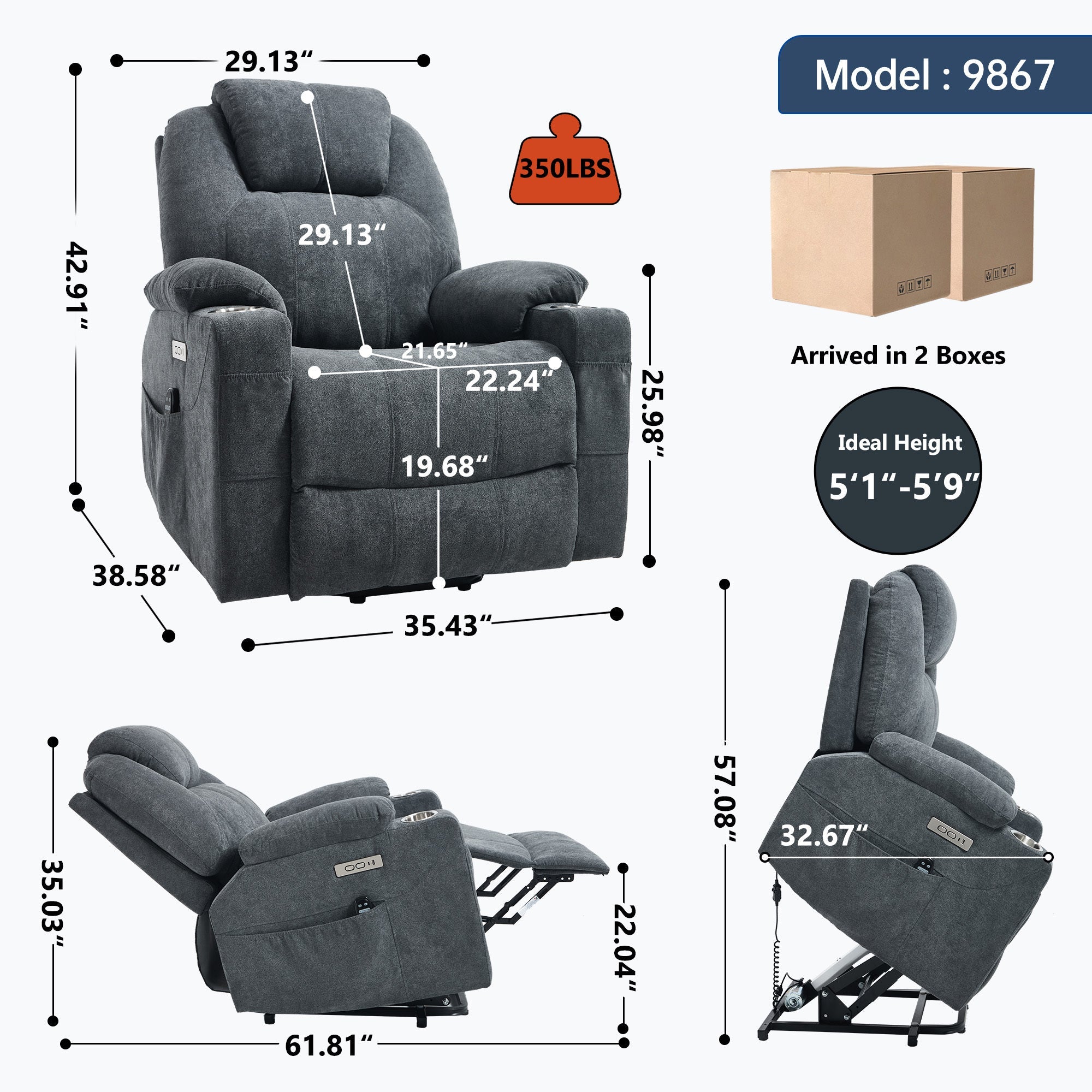 Up to 350 LBS polyester Power Lift Recliner Chair, Heavy Duty Motion Mechanism with 8-Point Vibration Massage and Lumbar Heating, USB and Type-C Ports, Stainless Steel Cup Holders, Grey