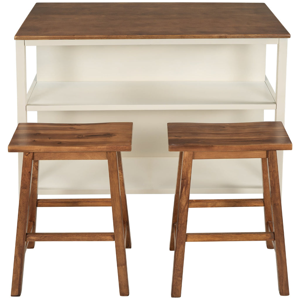 TOPMAX Rustic 3-piece Stationary Kitchen Island Set with Butcher Block and Seating, Walnut and Cream White