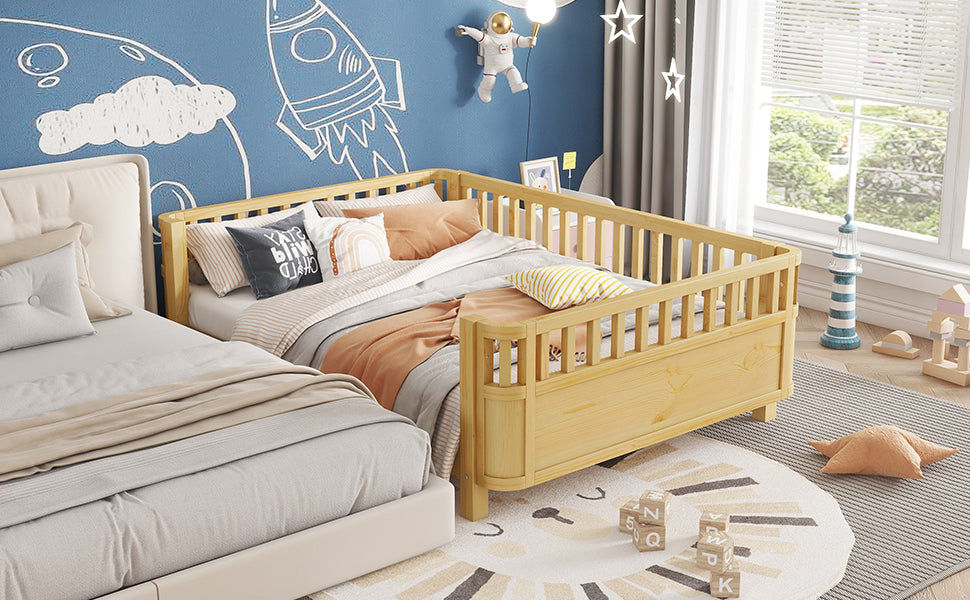 Full Size Wood Platform Bed for Kids, Wood Low Profile Full Bed with Rails for Girls and Boys, Natural (Patented Design, Old SKU W2593P233781)