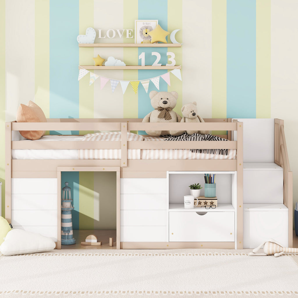 SOLID WOOD TWIN SIZE LOW LOFT BED WITH STAIR, DRAWER, AND SHELF FOR CREAM + WHITE COLOR