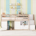 SOLID WOOD TWIN SIZE LOW LOFT BED WITH STAIR, DRAWER, AND SHELF FOR CREAM + WHITE COLOR