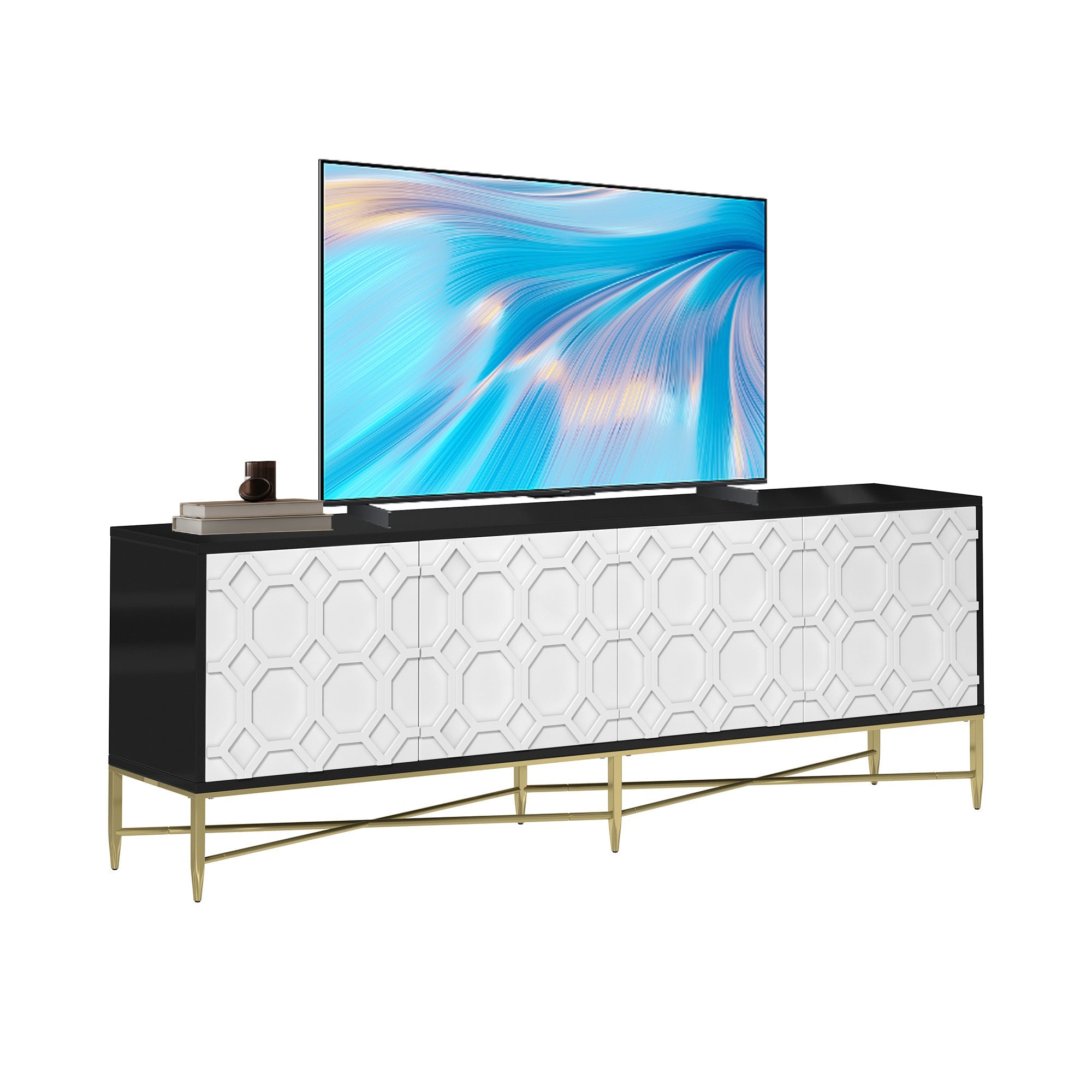 Modern Black and White Color Scheme Press Design 4 Door Cabinet, Living Room TV Stand