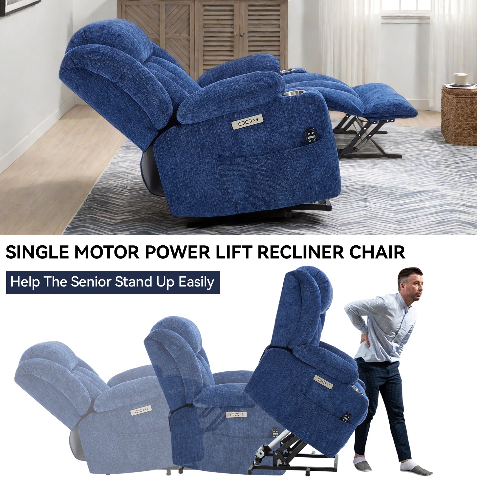 Up to 350 LBS Chenille Power Lift Recliner Chair, Heavy Duty Motion Mechanism with 8-Point Vibration Massage and Lumbar Heating, USB and Type-C Ports, Stainless Steel Cup Holders, Blue