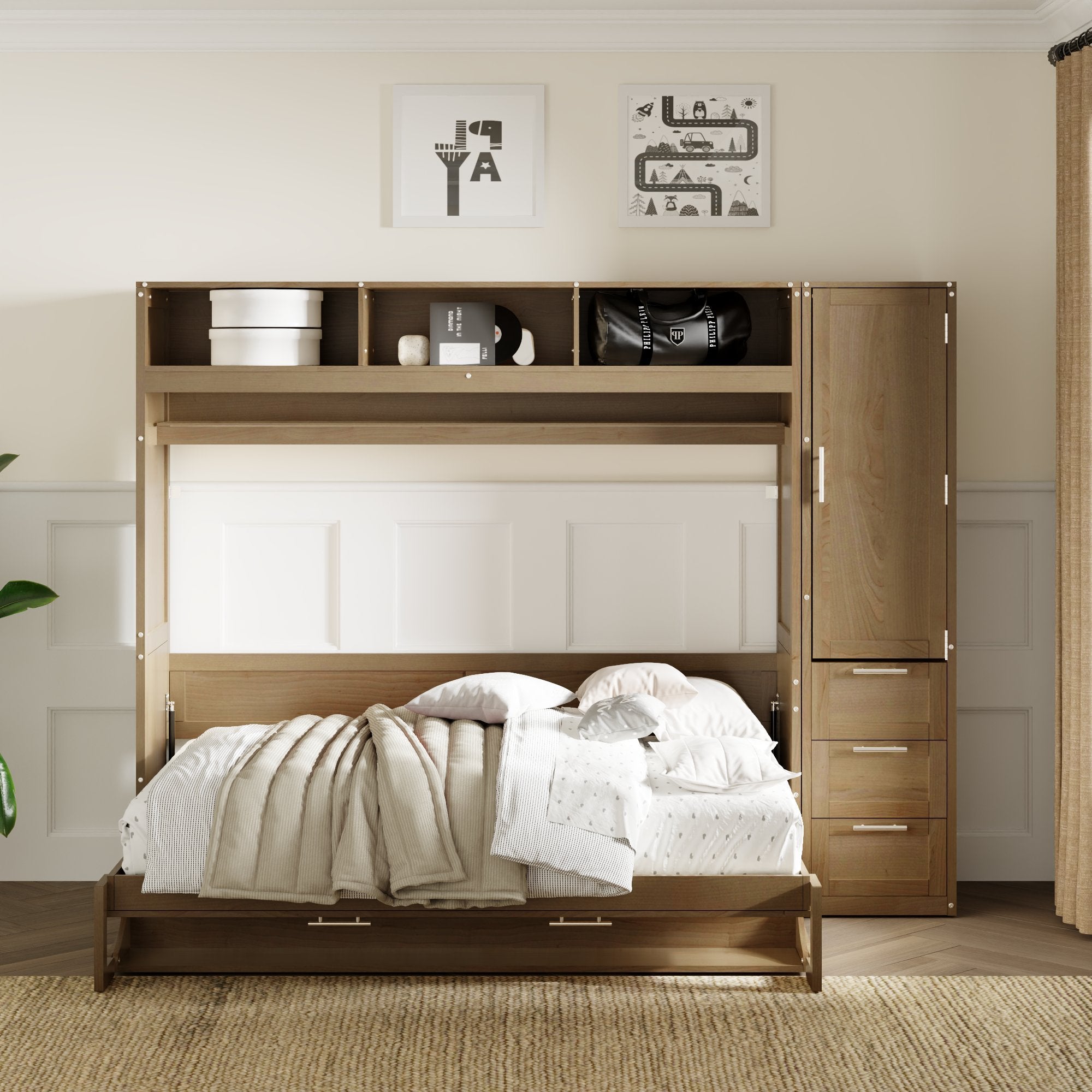 Full Size Murphy Bed with Wardrobe, Drawers and Open Shelves, Antique Wood