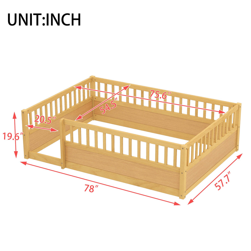 Full Floor Bed Frame with Fence, Montessori wooden children's floor bed,Wood Kids Floor Beds Frame for Bedroom Playroom,Natural