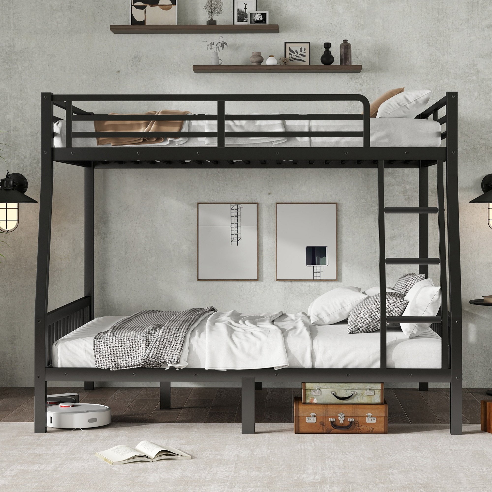 Full XL Over Queen Metal Bunk Bed with Ladder and Slats Support for Adults Teens, Black(Old SKU W2580S00002)