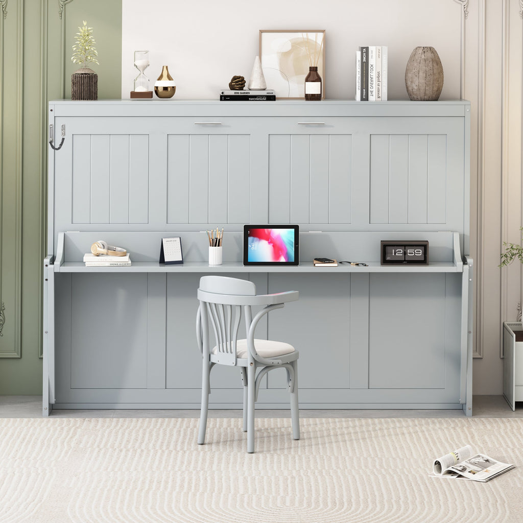Queen Size Murphy Bed with Hydraulic Lift & Desk Design, Gray(OLD SKU: N820S00033E)