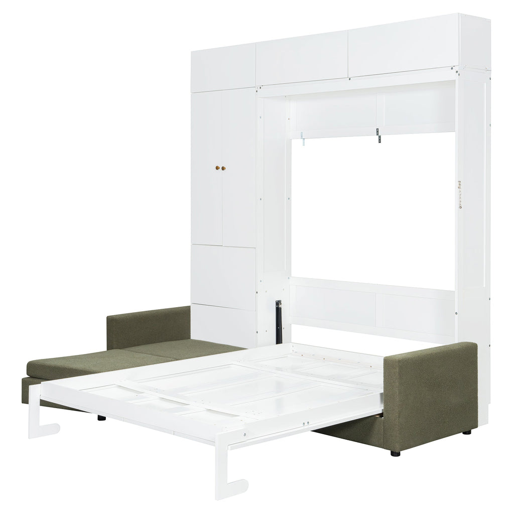 Queen Size Murphy Bed Wall Bed with Sofa and Shelves,White Panel, Green Sofa