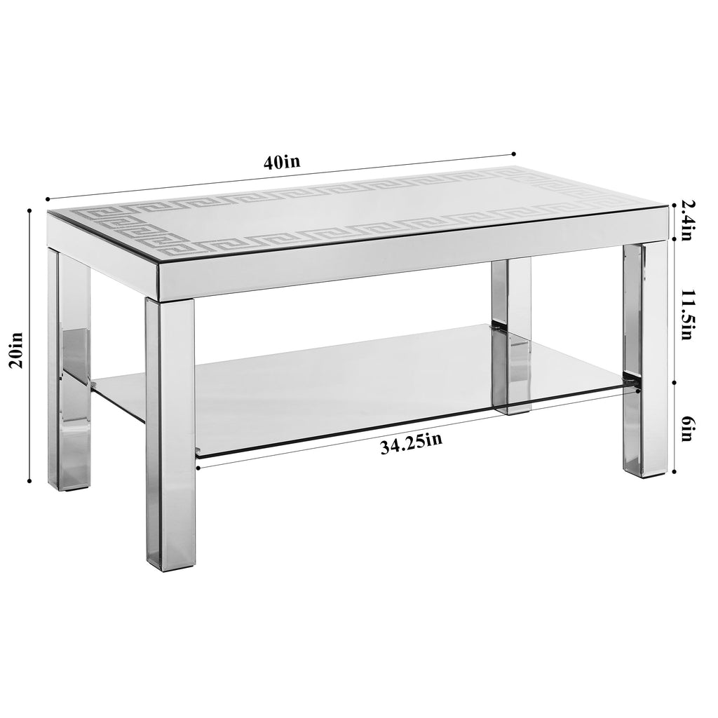 W 40 "X D 20" X H 20 "Curved border carved mirror coffee table: Silver mirror glass tabletop with sparkling diamond edge frame and crystal mirror legs, small coffee table for modern home sofa decorati