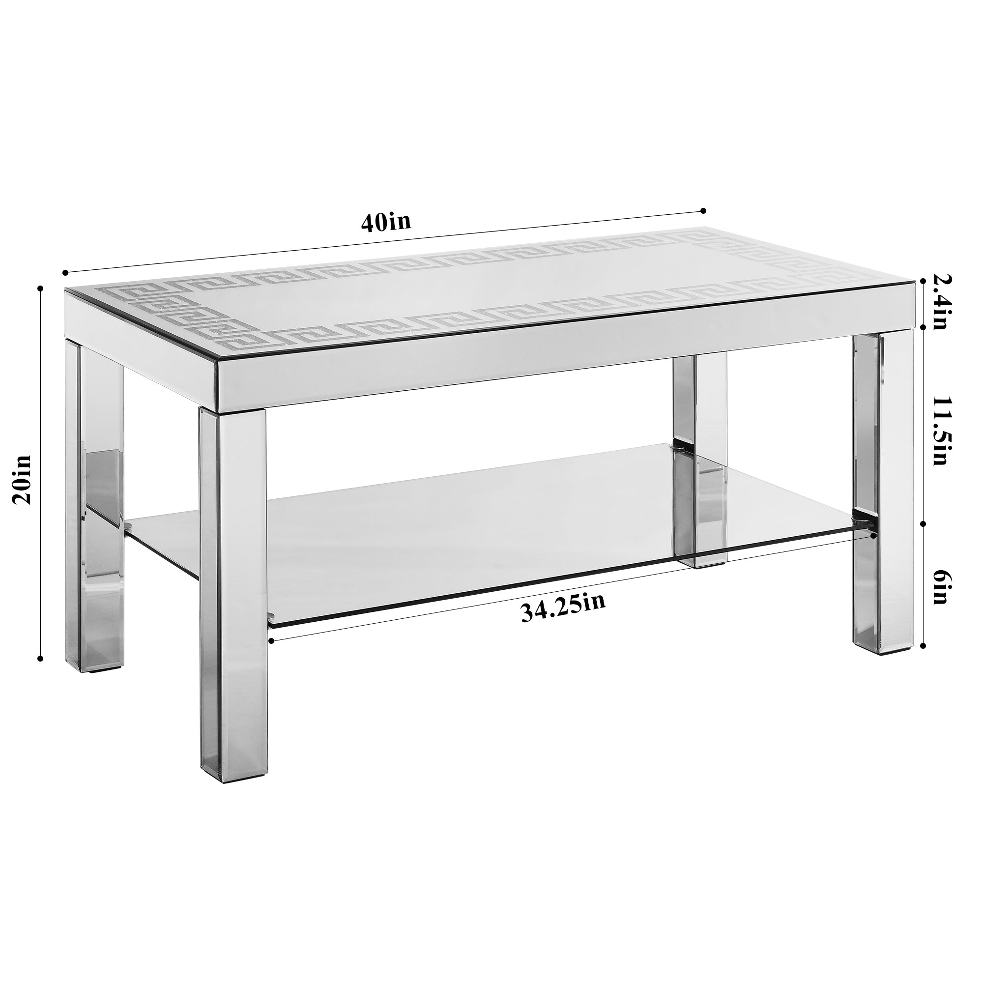 W 40 "X D 20" X H 20 "Curved border carved mirror coffee table: Silver mirror glass tabletop with sparkling diamond edge frame and crystal mirror legs, small coffee table for modern home sofa decorati