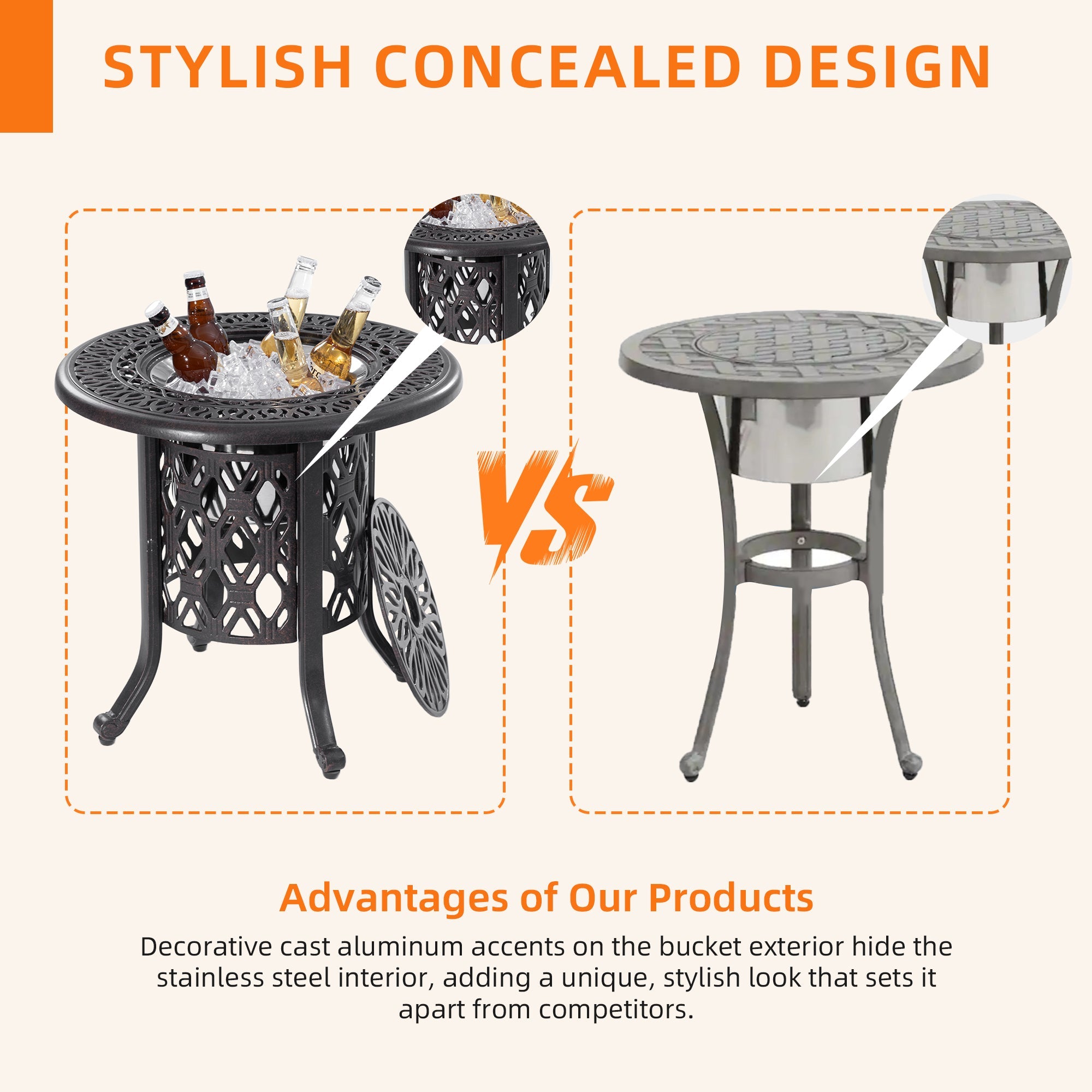 21-Inch Side Table with Removable Ice Bucket, Antique Bronze Aluminum Frame, Hand-Brushed Finish, Food-Grade Stainless Steel Bucket for Indoor & Outdoor Use