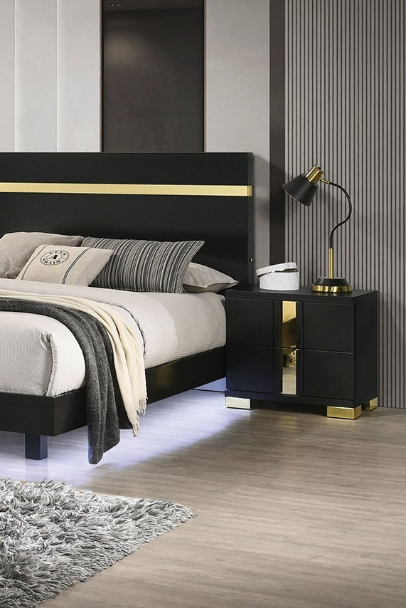 Modern Black 3pc Bedroom Set Queen Size Bed w LED 2x Nightstands Mattress Ready Furniture Acrylic Trim