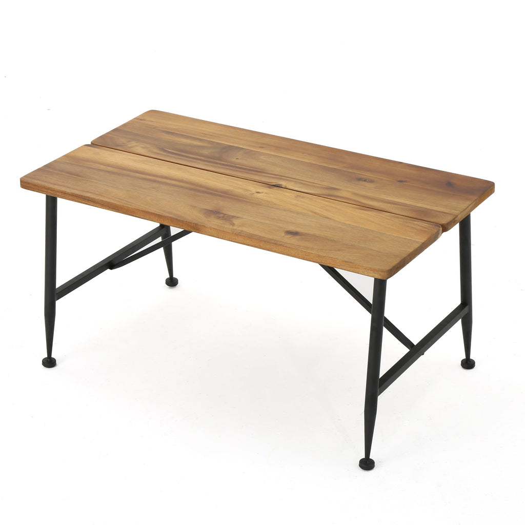 Rectangle Outdoor Coffee Table with Angled Tubular Legs and Wood Top, Black