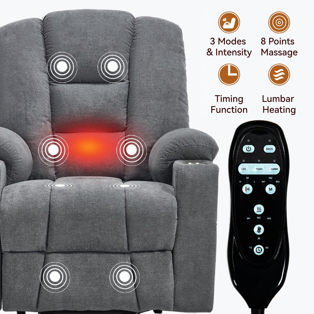 Lift Recliner Chair with Massage and Heat for Elderly, Overstuffed Wide Recliners, Heavy Duty Motion Mechanism with USB and Type C Ports, 2 Steel Cup Holders, Blue Grey