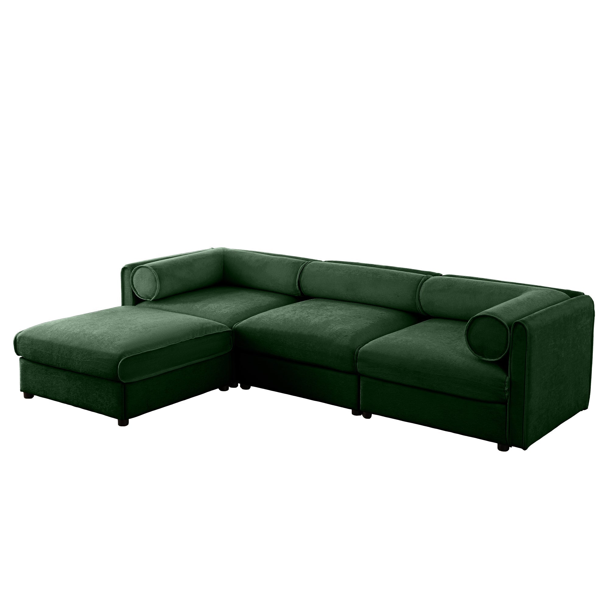 Elegant Green Chenille  Sofa with Storage Seat and Ottoman, L-Shaped 3-Seater Cylindrical Backrest and Armrests, Contemporary 3-Seater Fabric Couch with Hidden Storage Compartment