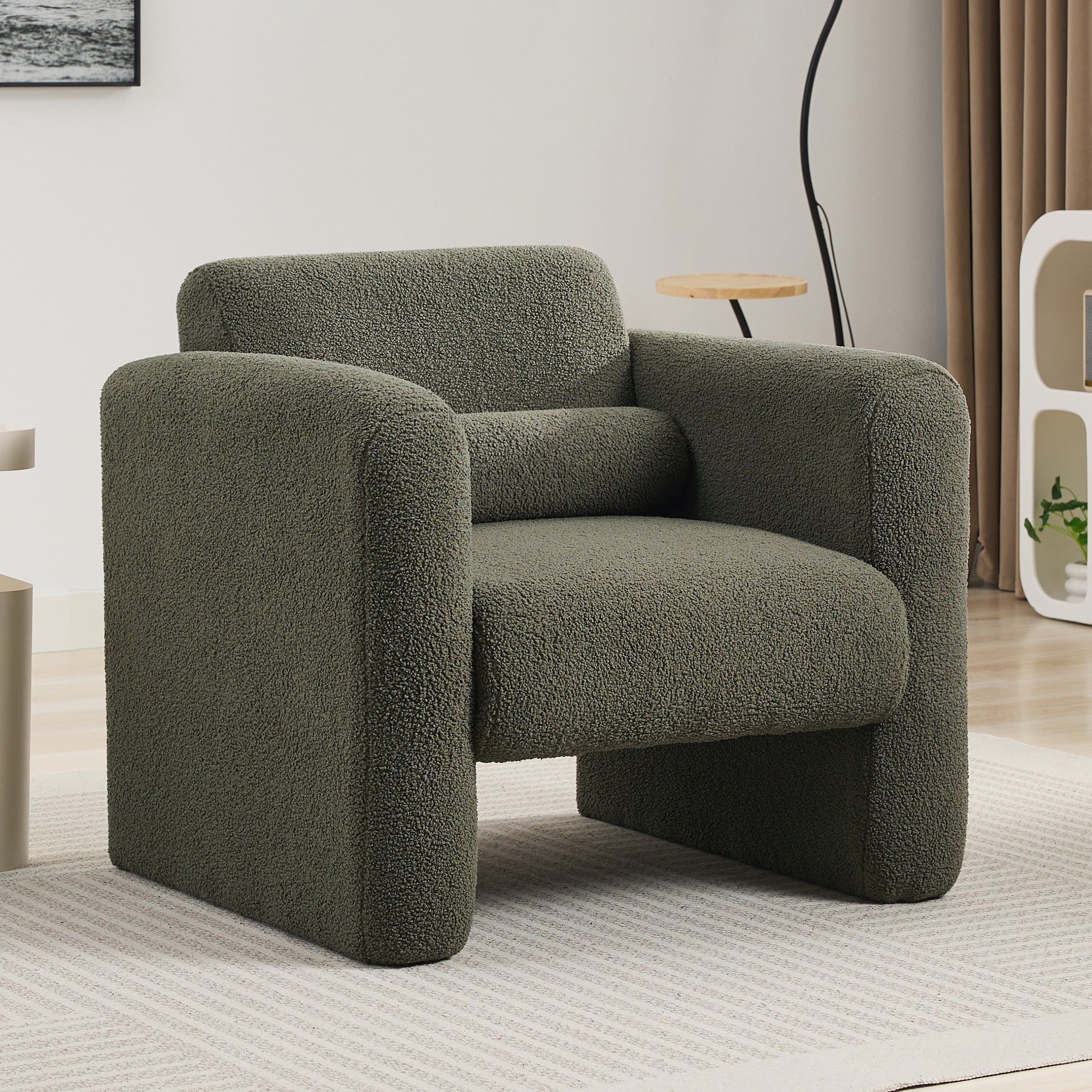 Modern Accent Chair Lambskin Sherpa Fabric Upholstered Comfy Reading Arm Chair Seaweed Green