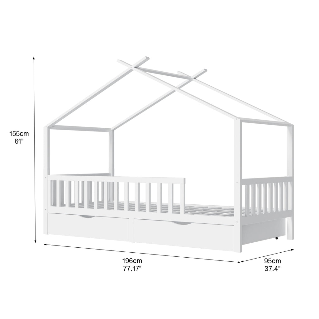 Full House Bed with 2 Storage Drawers, Kids Full Bed Frame with Rails and Roof, Tent Bed, Wooden Full Daybed, Full Montessori Bed for Kids Teens Girls & Boys, No Box Spring Needed (White)