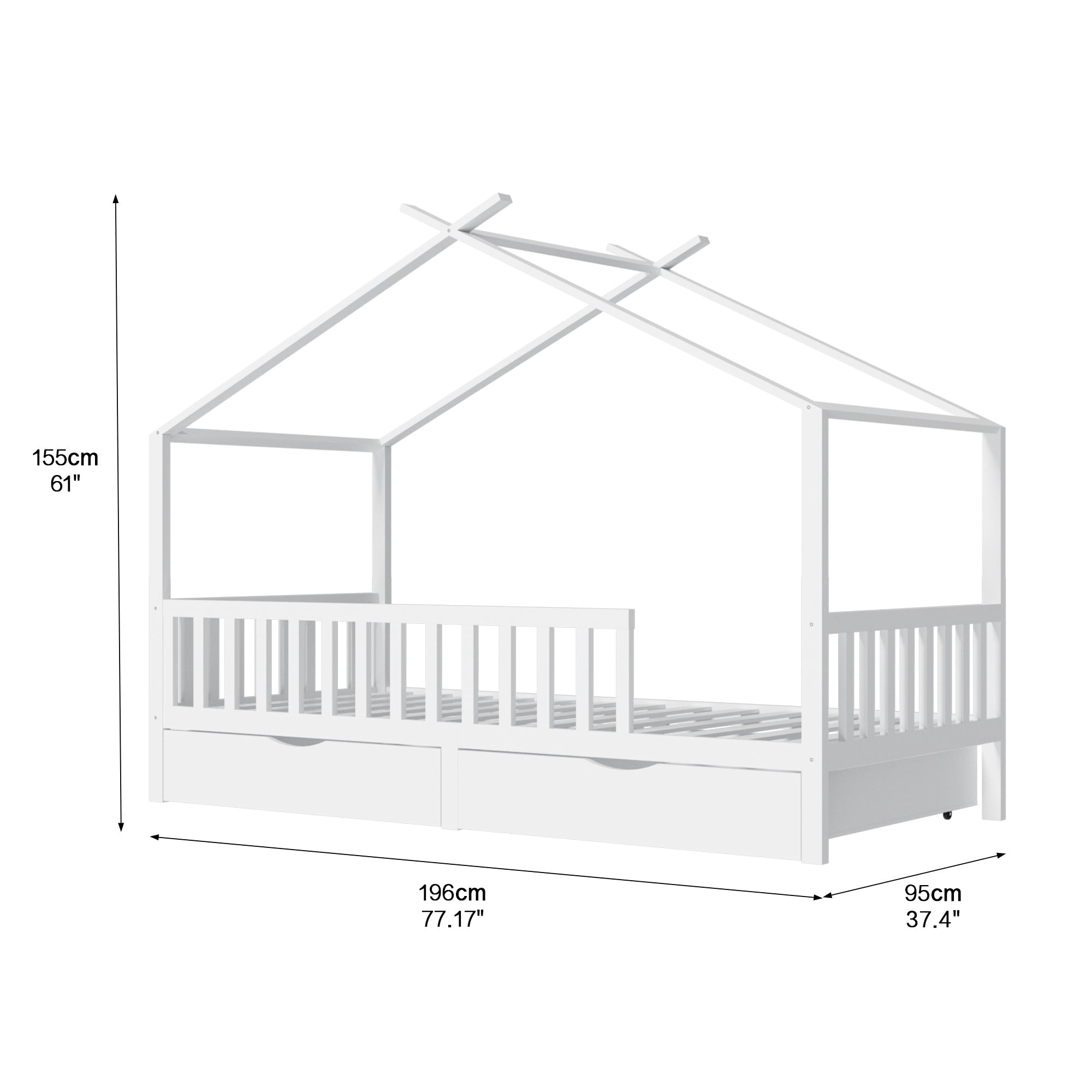 Full House Bed with 2 Storage Drawers, Kids Full Bed Frame with Rails and Roof, Tent Bed, Wooden Full Daybed, Full Montessori Bed for Kids Teens Girls & Boys, No Box Spring Needed (White)