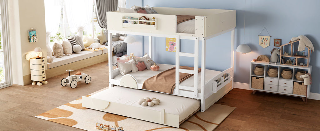 Queen Bunk Bed with Trundle , Wood Bunk Bed Frame with Built-in Bookshelf and High-quality Safety Guardrail,Automobile Form Design for Kids ,White＆ Beige.