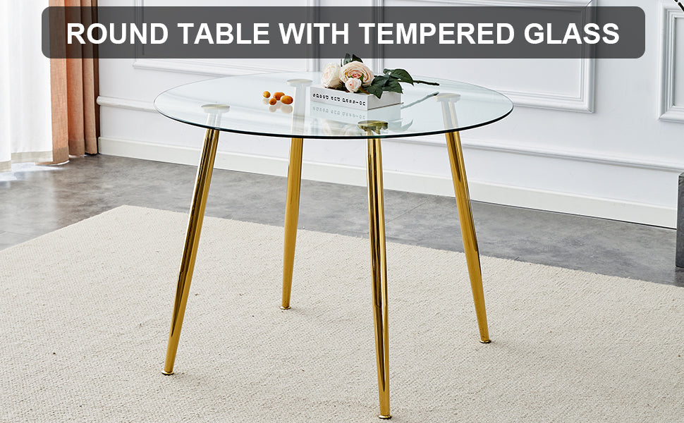 A glass tabletop with a diameter of 40 inches and a modern minimalist circular dining table with gold plated metal legs. 40 '* 40' * 30 ' DT-1164.W1151S00375