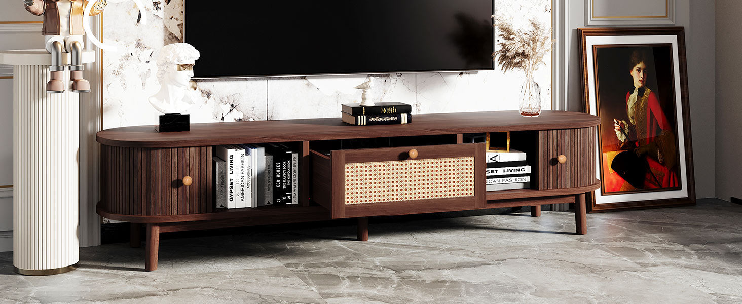 Modern Design TV Stand for 75' TVs, Media Console TV Cabinet with Rattan-Front Drawer for Living Room, 1 Drawer and 2 Sliding-Door Cabinets