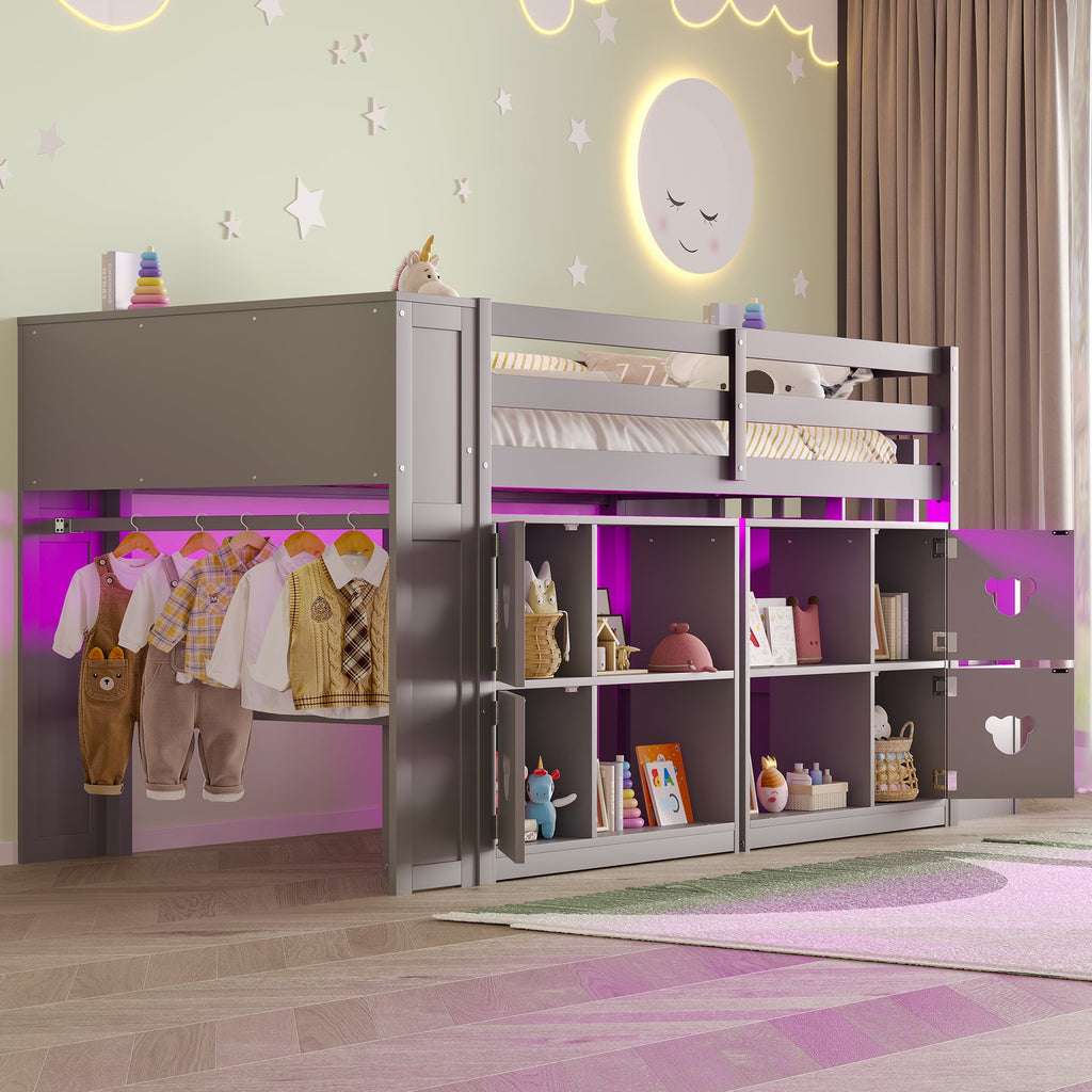 Kids Twin Loft Bed with Storage Cabinets, Staircase Drawers & LED Lights – Solid Wood Low Loft Bed with Shelves, Guardrails, and Fun Bear Handles – Space-Saving Design for Boys & Girls Bedroom