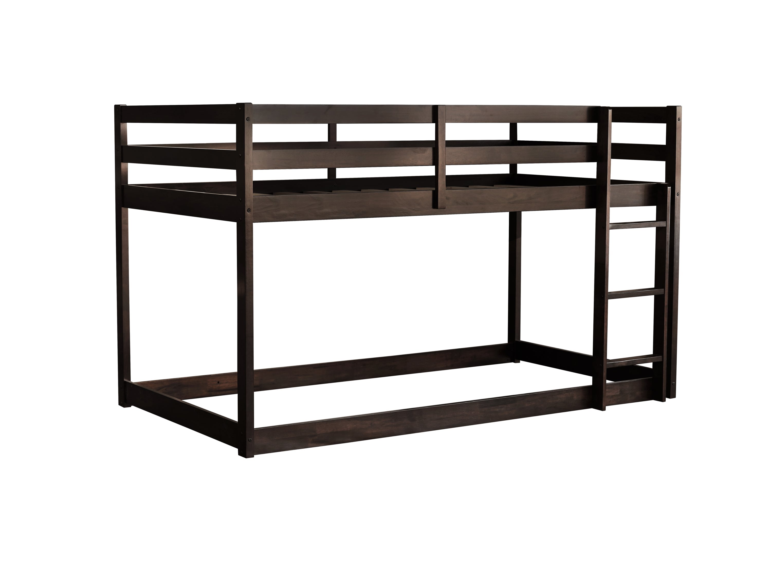 Solid Wooden, Solid Rubber Wooden Twin over Twin Floor Bunk Bed with Ladder, with Bed Platform of Strengthened Slats  , Espresso