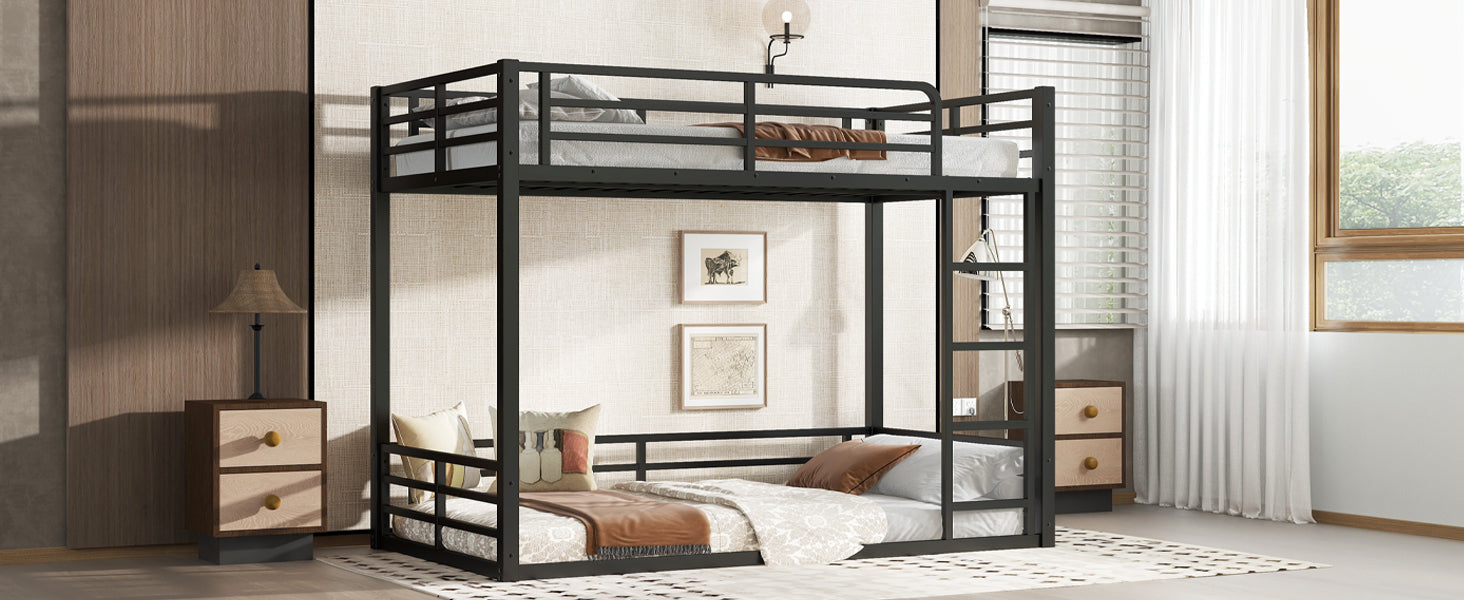 Metal Bunk Bed, Twin XL over Twin XL Floor Bunk Bed Frame, Heavy-Duty Bunk Bed for Kids, Teens, Adults, Noise-reduced Design, Black