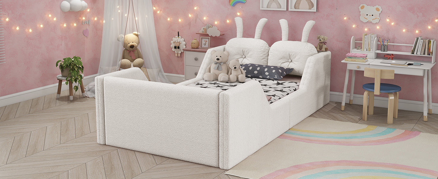 Twin Size Upholstered Platform Bed with Rabbit Cushion, Kids Floor Upholstered Bed with Removable Side Rails, White(Expect Arrival Date 2025/1/15)