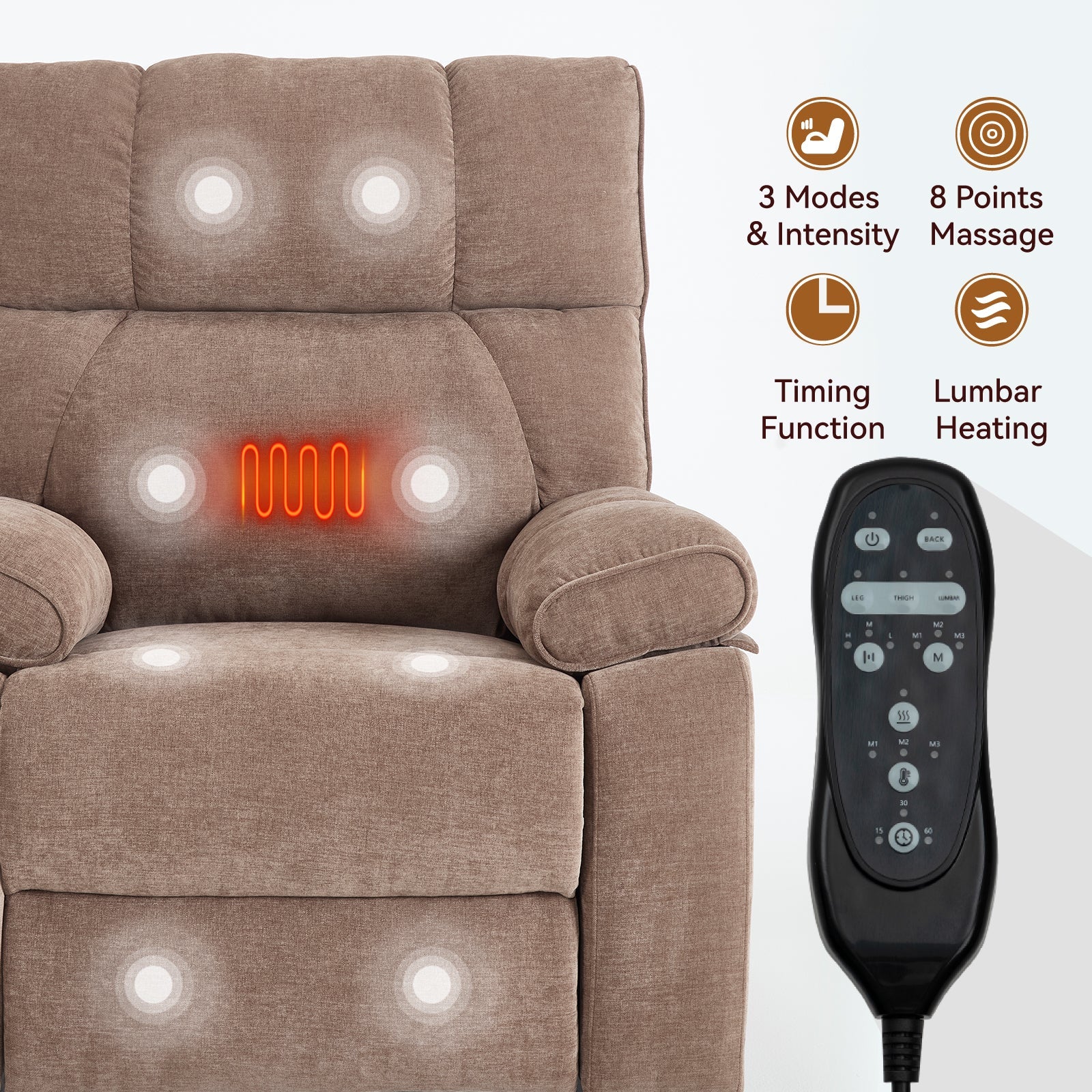 Brown Heat Massage Dual Motor Infinite Position Up to 350 LBS Large Electric Power Lift Recliners with Hidden Cup Holders, Power-Remote, Medium-firm and Heavy Duty