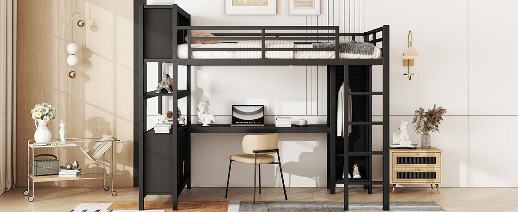 Metal Loft Bed with Wardrobe And L-shaped Desk, Full Size Loft Bed with Storage Cubes and Shelves, Heavy Duty Loft Bed for Kids Teens Adults, Black