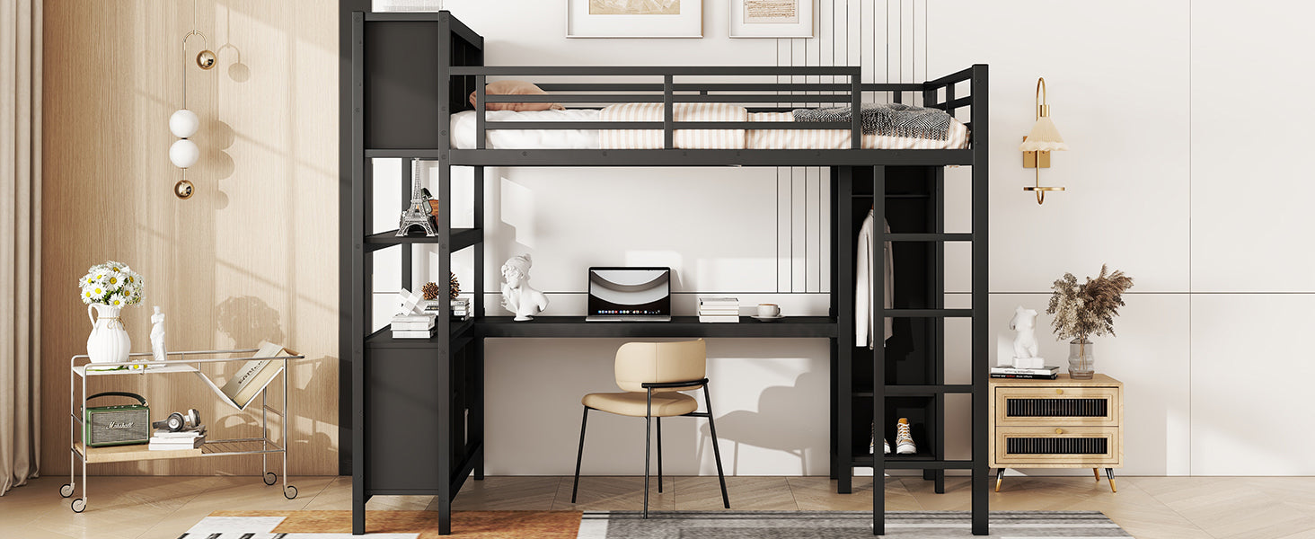 Metal Loft Bed with Wardrobe And L-shaped Desk, Full Size Loft Bed with Storage Cubes and Shelves, Heavy Duty Loft Bed for Kids Teens Adults, Black