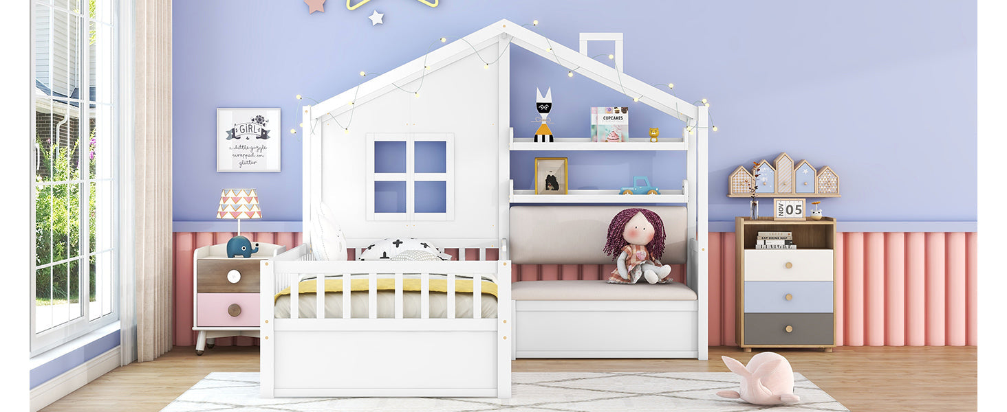 Twin Size House Bed with Sofa, Kids Platform Bed with Two Drawers and Storage Shelf, White (Old SKU:HL000065AAK)