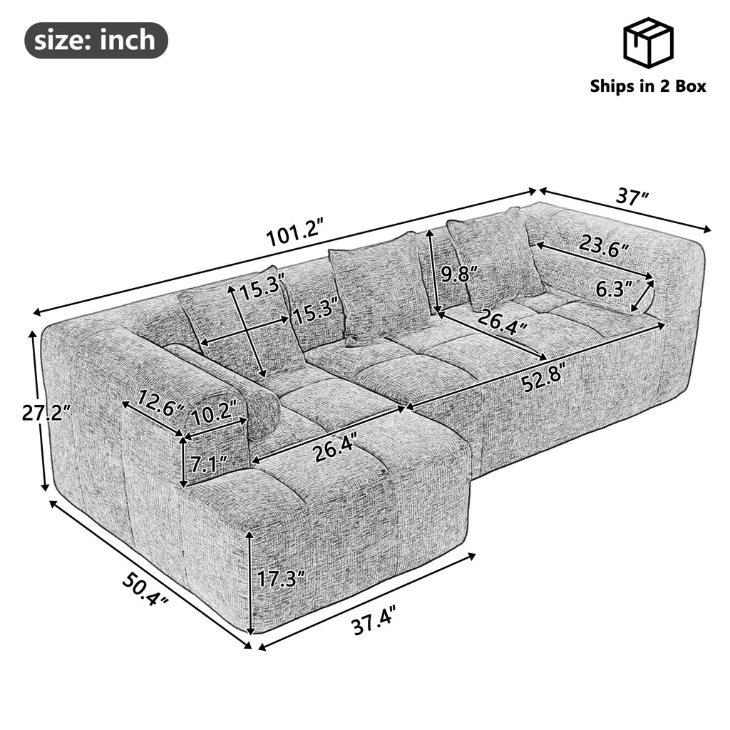 Modern Grey Modular Sectional Sofa with Deep Seating and Side Pockets in Chenille Fabric