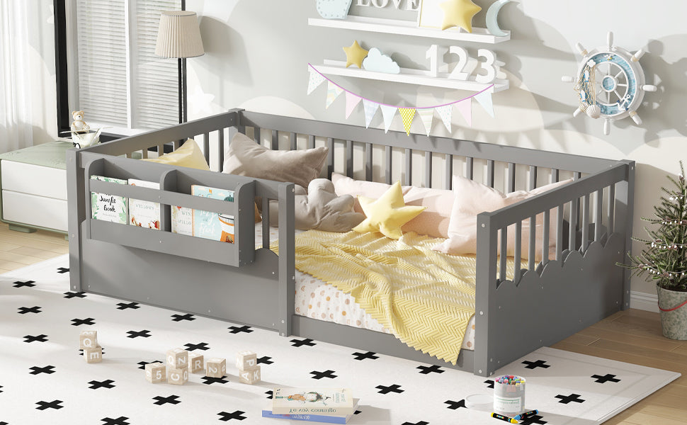 Twin Floor bed with Heightened Fence and bookshelf ,Wood Floor Bed for Kids, Gray.