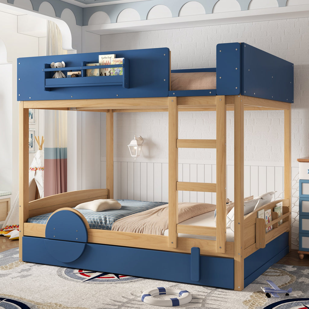 Full Bunk Bed with Trundle , Wood Bunk Bed Frame with Built-inBookshelf and High-quality Safety Guardrail,Automobile Form Design for Kids ,Blue＆Natural.