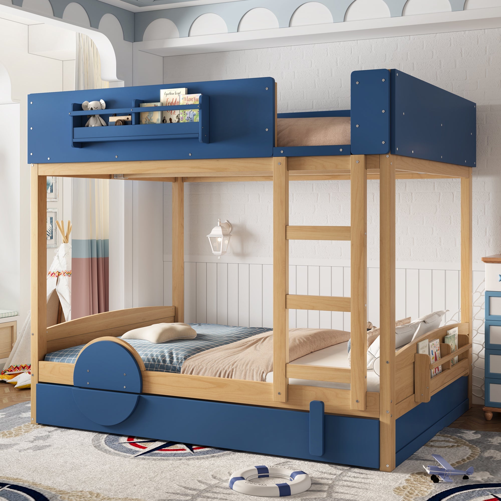 Full Bunk Bed with Trundle , Wood Bunk Bed Frame with Built-inBookshelf and High-quality Safety Guardrail,Automobile Form Design for Kids ,Blue＆Natural.