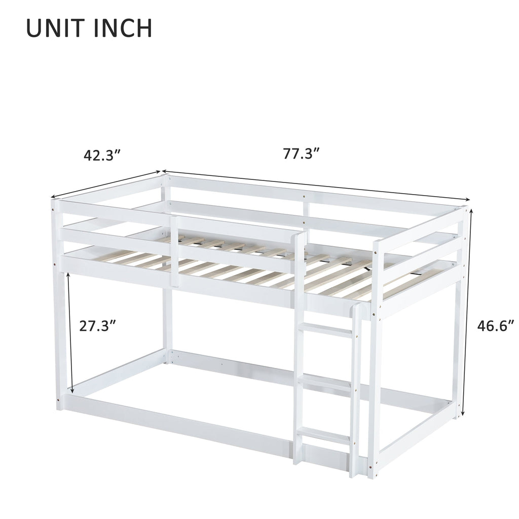 Solid Wooden, Solid Rubber Wooden Twin over Twin Floor Bunk Bed with Ladder, with Bed Platform of Strengthened Slats,White