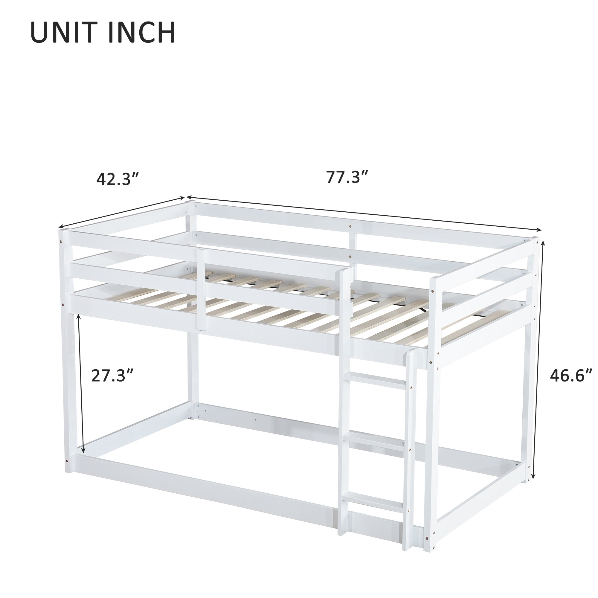 Solid Wooden, Solid Rubber Wooden Twin over Twin Floor Bunk Bed with Ladder, with Bed Platform of Strengthened Slats,White