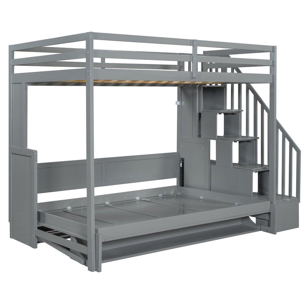 Full Over Full Size Murphy Bed with Hydraulic Lift & Desk Design, Gray