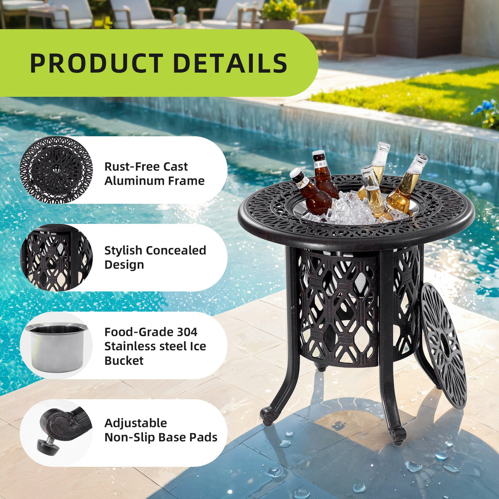 21-Inch Side Table with Removable Ice Bucket, Antique Bronze Aluminum Frame, Hand-Brushed Finish, Food-Grade Stainless Steel Bucket for Indoor & Outdoor Use