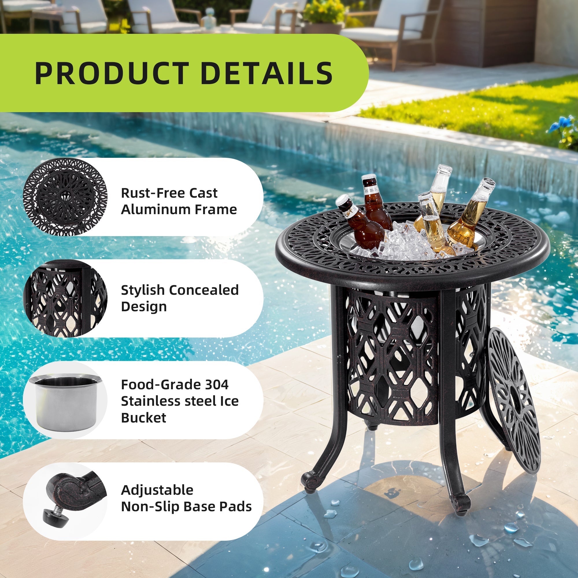21-Inch Side Table with Removable Ice Bucket, Antique Bronze Aluminum Frame, Hand-Brushed Finish, Food-Grade Stainless Steel Bucket for Indoor & Outdoor Use