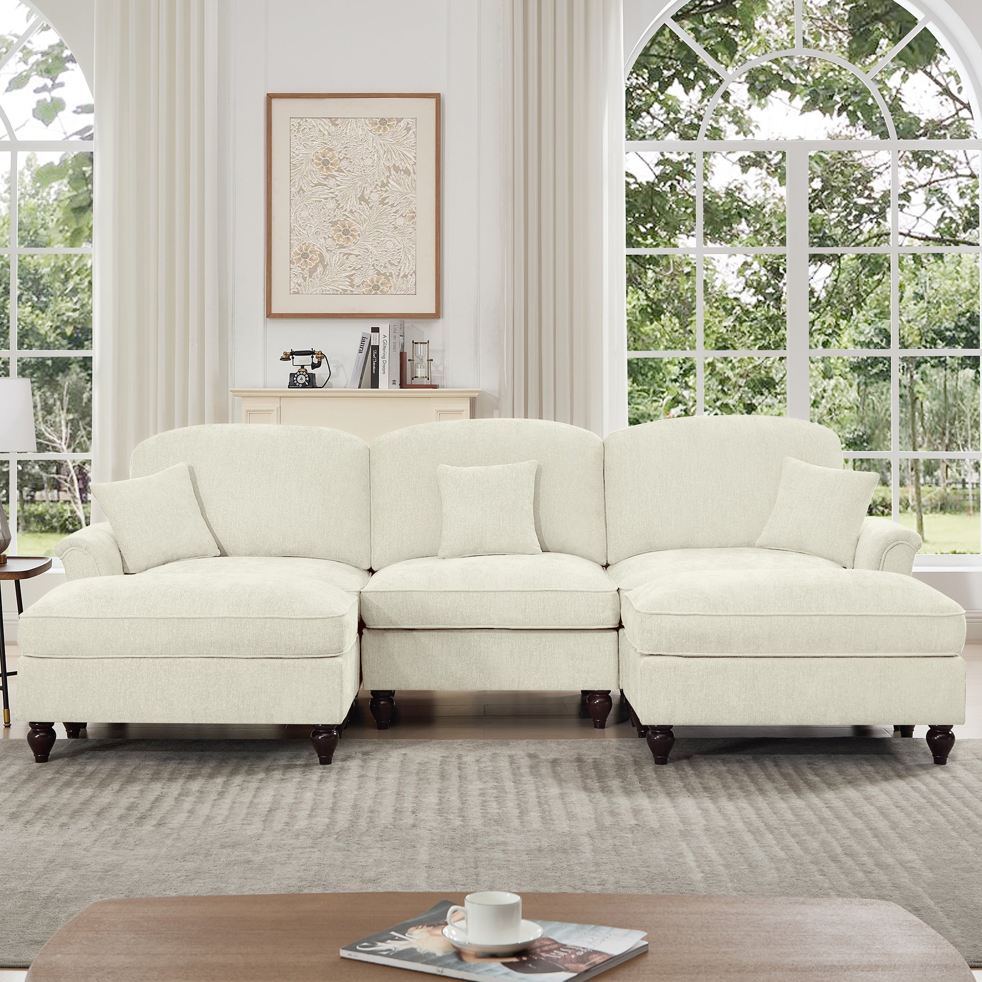 Classic Comfy Modular U Shape Sectional Sofa Couch with Flared Arms and Removable Ruffles Pleats Skirts and Spindle Legs, Upholstered Chenille Deep Seat Cloud Sofa with Movable Ottomans, Beige White