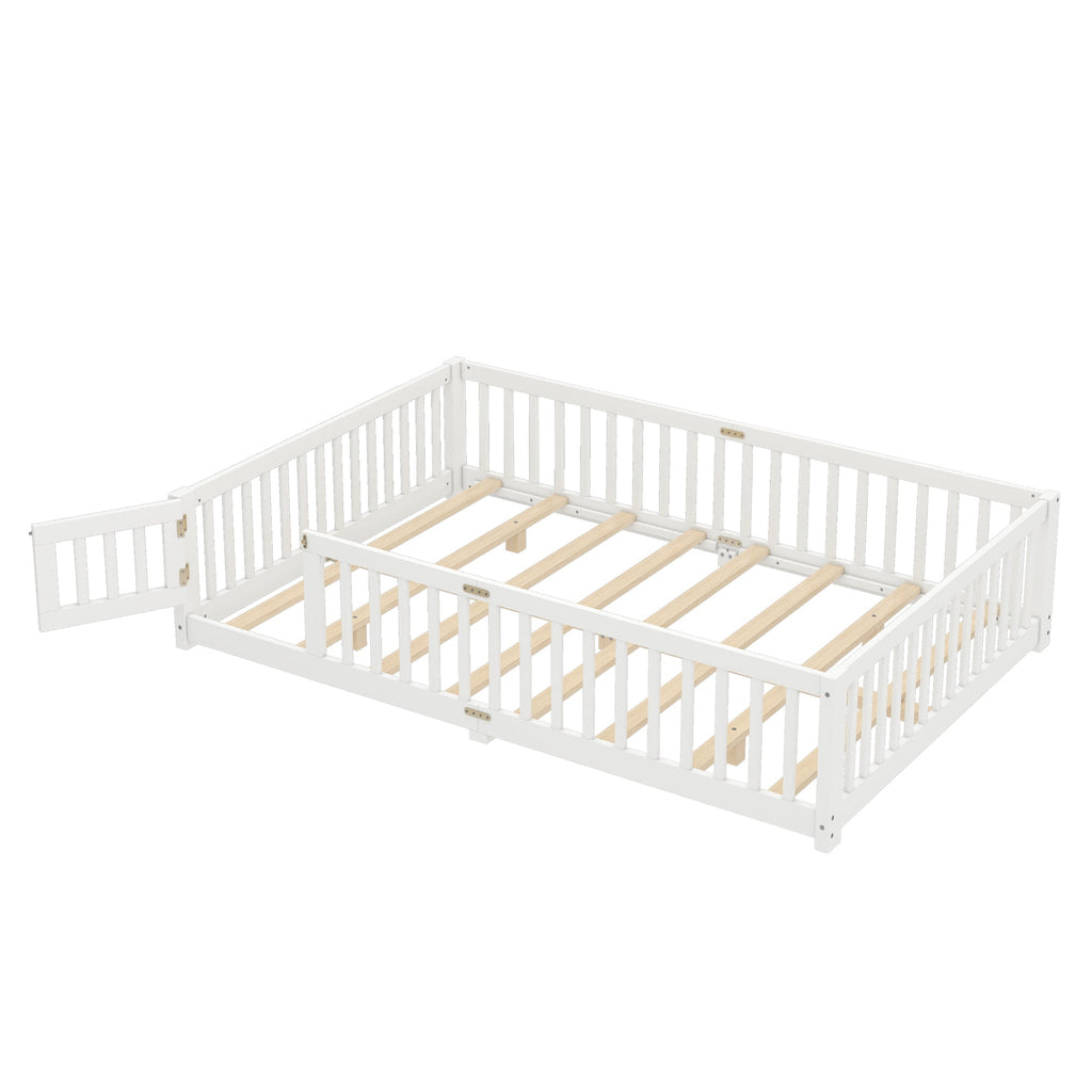 Queen Size Bed Floor Bed with Safety Guardrails and Door for Kids, White(Old SKU:  W1580P154628 )